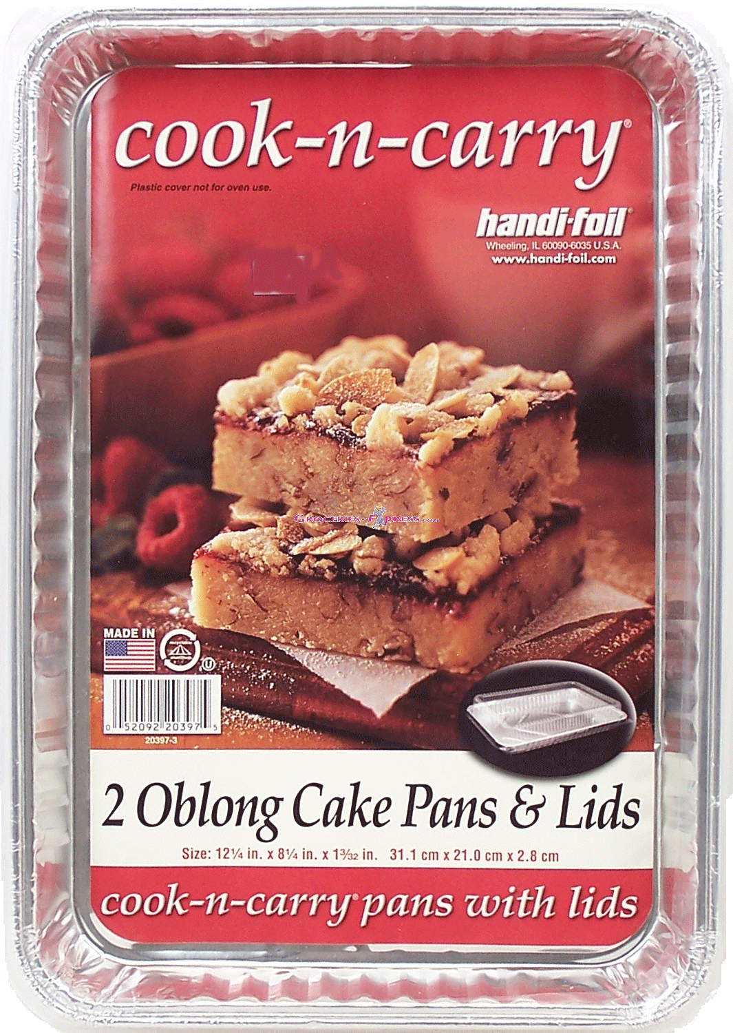 Handi-foil Cook-n-carry 2 oblong cake pans & lids, size 12 1/4in x 8 1/4in x 1 3/32in Full-Size Picture